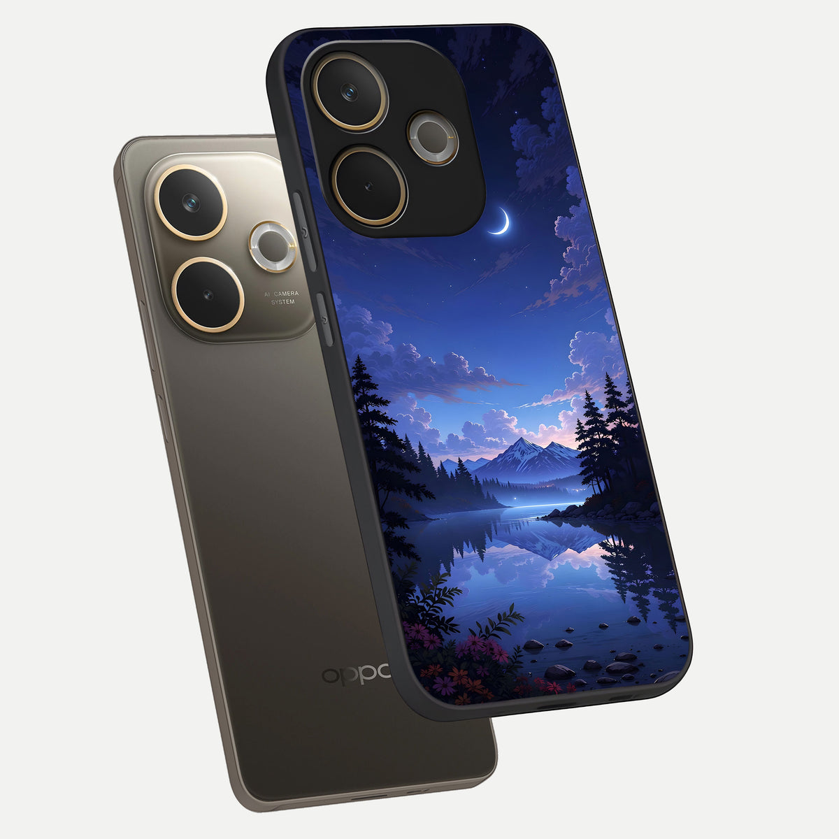  Midnight Lake Peace phone case For Oppo A5 Pro showing premium glass back cover with detailed artwork
