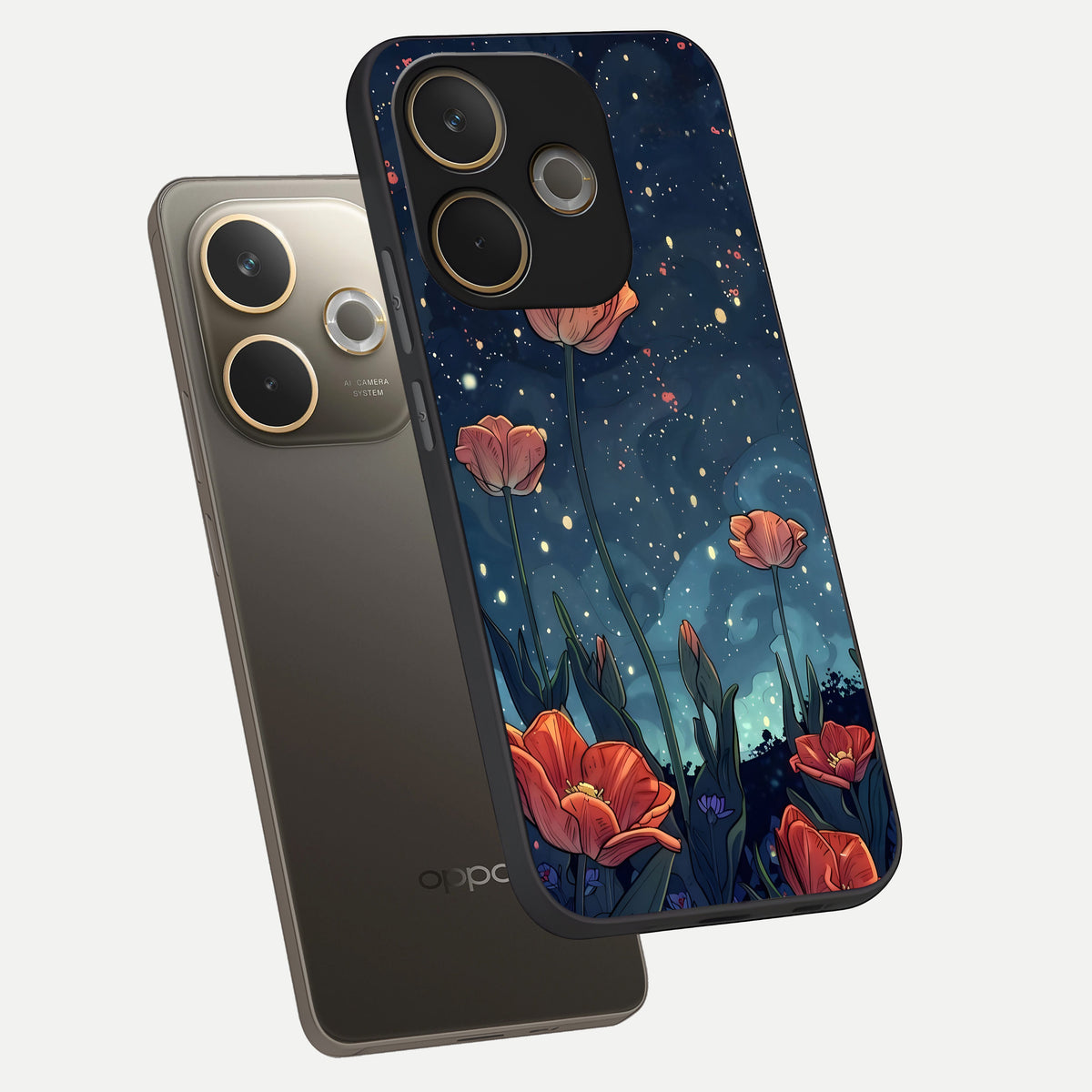  Midnight Tulip Glow phone case For Oppo A5 Pro showing premium glass back cover with detailed artwork