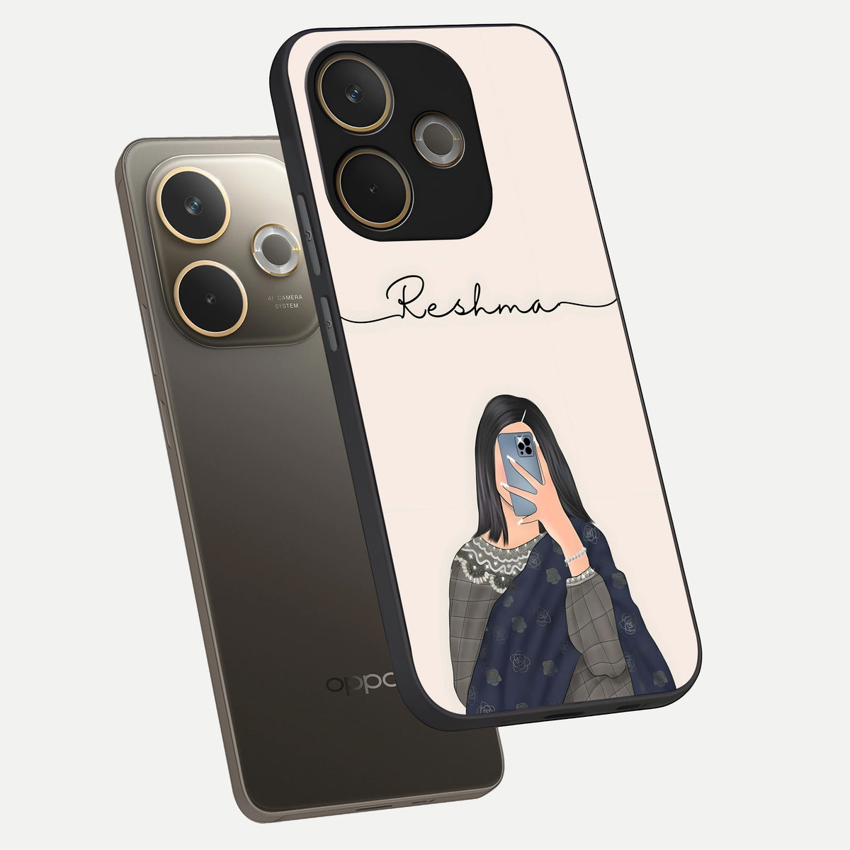  Mirror Mood Muse With Custom Name phone case For Oppo A5 Pro showing premium glass back cover with detailed artwork