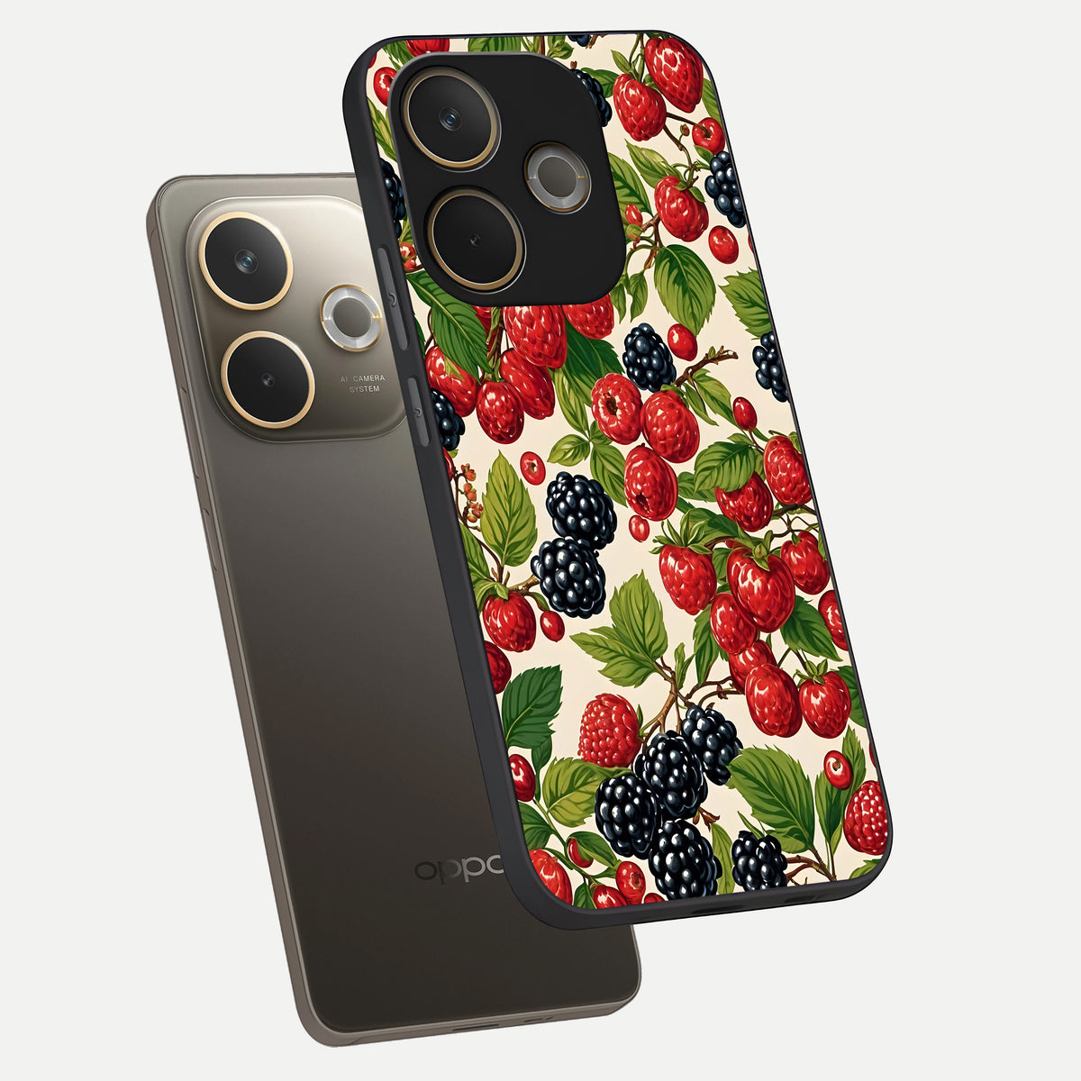  Mixed Berry Collage phone case For Oppo A5 Pro showing premium glass back cover with detailed artwork