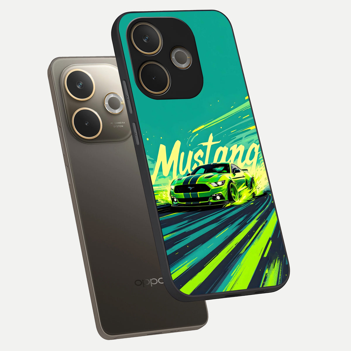  Mustang Bang phone case For Oppo A5 Pro showing premium glass back cover with detailed artwork