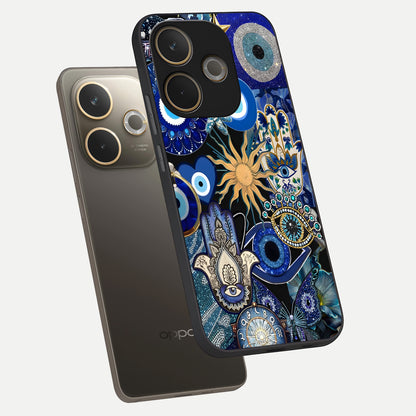  Mystic Blue Evil Eye phone case For Oppo A5 Pro showing premium glass back cover with detailed artwork