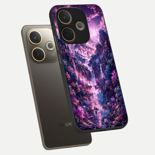  Mystic Cascade Peaks phone case For Oppo A5 Pro showing premium glass back cover with detailed artwork