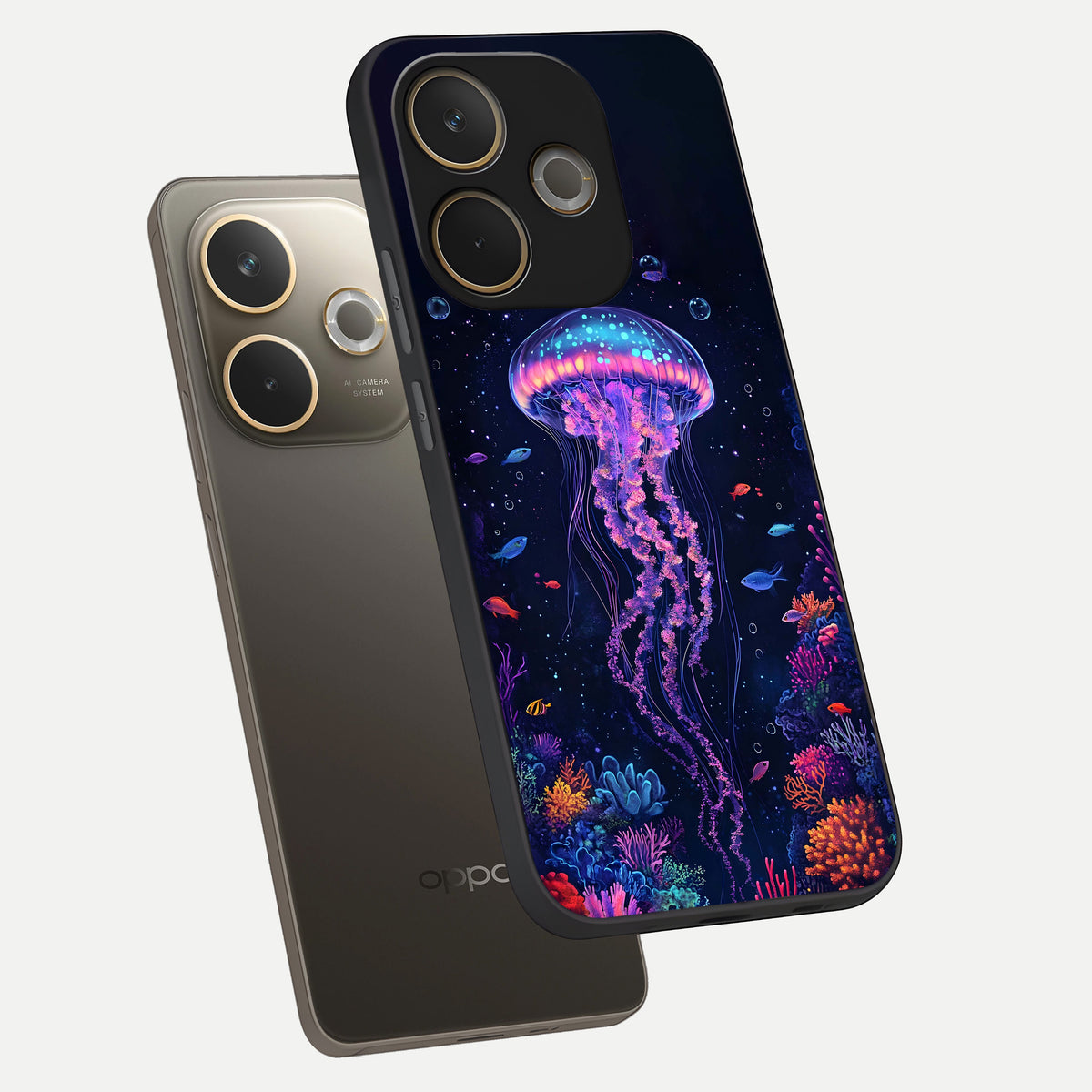 Neon Jellyfish phone case For Oppo A5 Pro showing premium glass back cover with detailed artwork