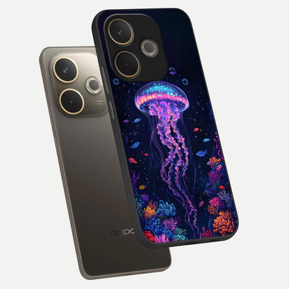  Neon Jellyfish phone case For Oppo A5 Pro showing premium glass back cover with detailed artwork