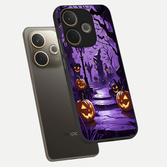  Pumpkin Patch Halloween phone case For Oppo A5 Pro showing premium glass back cover with detailed artwork