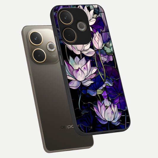  Purple Lotus Pattern phone case For Oppo A5 Pro showing premium glass back cover with detailed artwork
