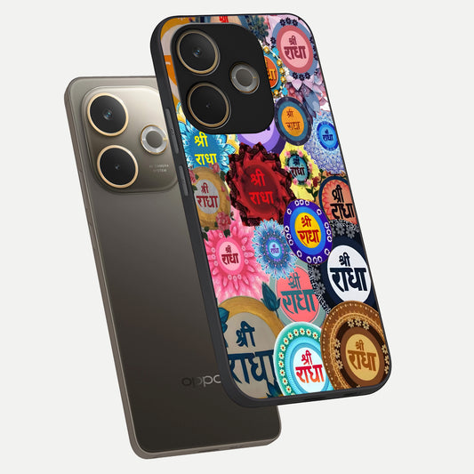  Radha Divine Bloom phone case For Oppo A5 Pro showing premium glass back cover with detailed artwork