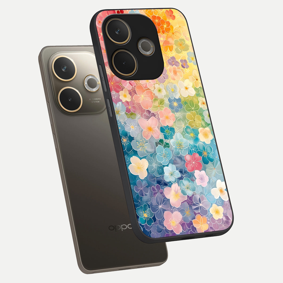  Rainbow Blossom Burst phone case For Oppo A5 Pro showing premium glass back cover with detailed artwork