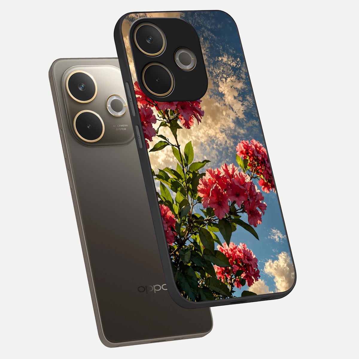  Red Bloom Skies phone case For Oppo A5 Pro showing premium glass back cover with detailed artwork