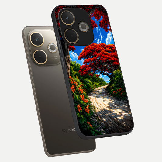  Red Trees Pathway phone case For Oppo A5 Pro showing premium glass back cover with detailed artwork