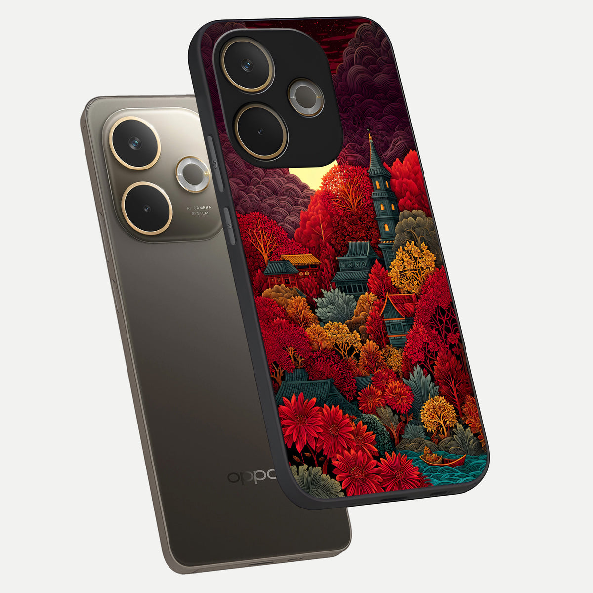  Scarlet Autumn Temple phone case For Oppo A5 Pro showing premium glass back cover with detailed artwork