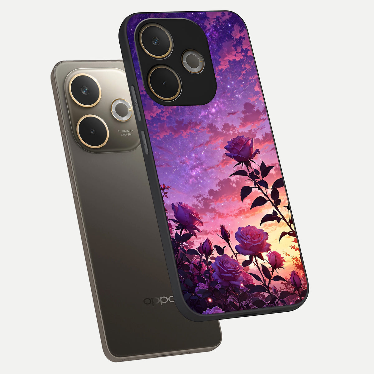  Starlit Rose Twilight phone case For Oppo A5 Pro showing premium glass back cover with detailed artwork