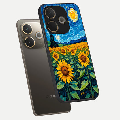  Starry Sunflower Dreams phone case For Oppo A5 Pro showing premium glass back cover with detailed artwork