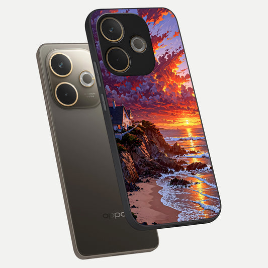  Sunset House By Sea phone case For Oppo A5 Pro showing premium glass back cover with detailed artwork