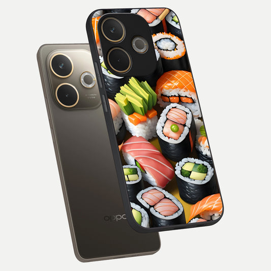  Sushi Food Pattern phone case For Oppo A5 Pro showing premium glass back cover with detailed artwork