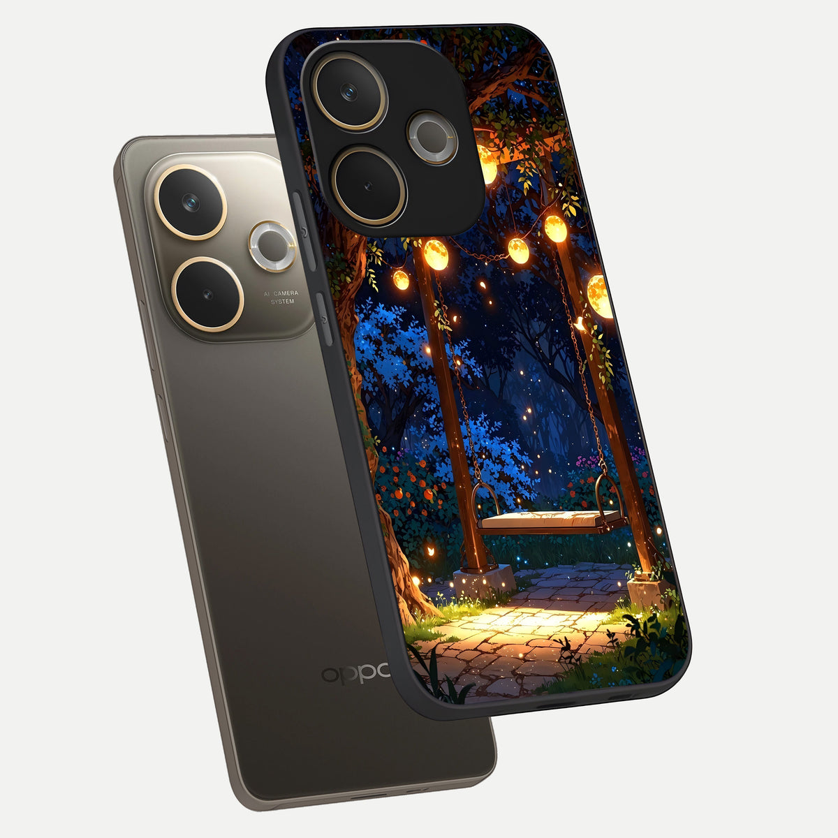  Twilight Garden Swing phone case For Oppo A5 Pro showing premium glass back cover with detailed artwork