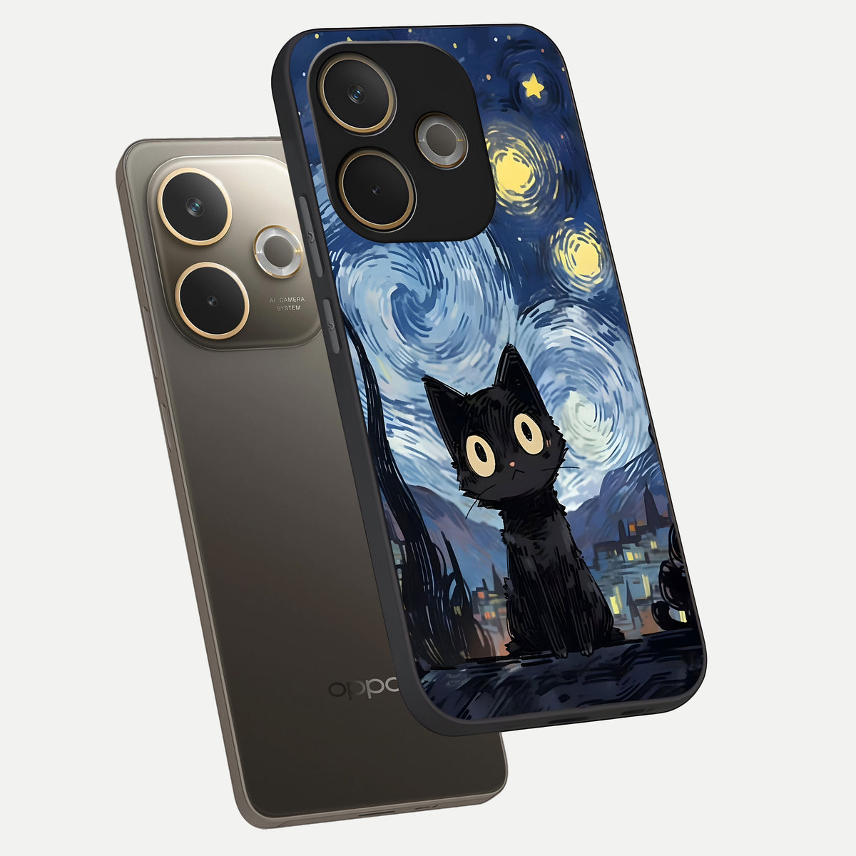  Van Gogh Cat phone case For Oppo A5 Pro showing premium glass back cover with detailed artwork