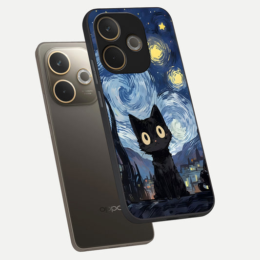  Van Gogh Cat phone case For Oppo A5 Pro showing premium glass back cover with detailed artwork