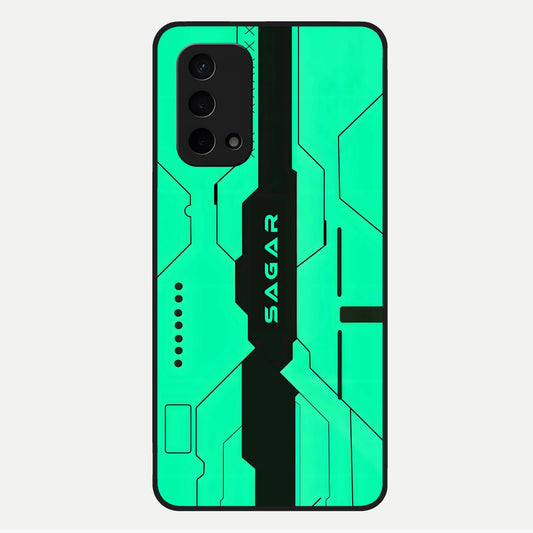  Aqua Tech CYBERPUNK Custom Name Glass Case For Oppo A74 5G back cover – full design glossy printed glass finish