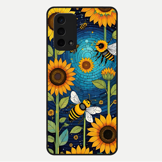  Bees And Sunflowers Glass Case For Oppo A74 5G back cover – full design glossy printed glass finish