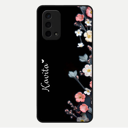  Black Elegance Floral Custom Name Glass Case For Oppo A74 5G back cover – full design glossy printed glass finish
