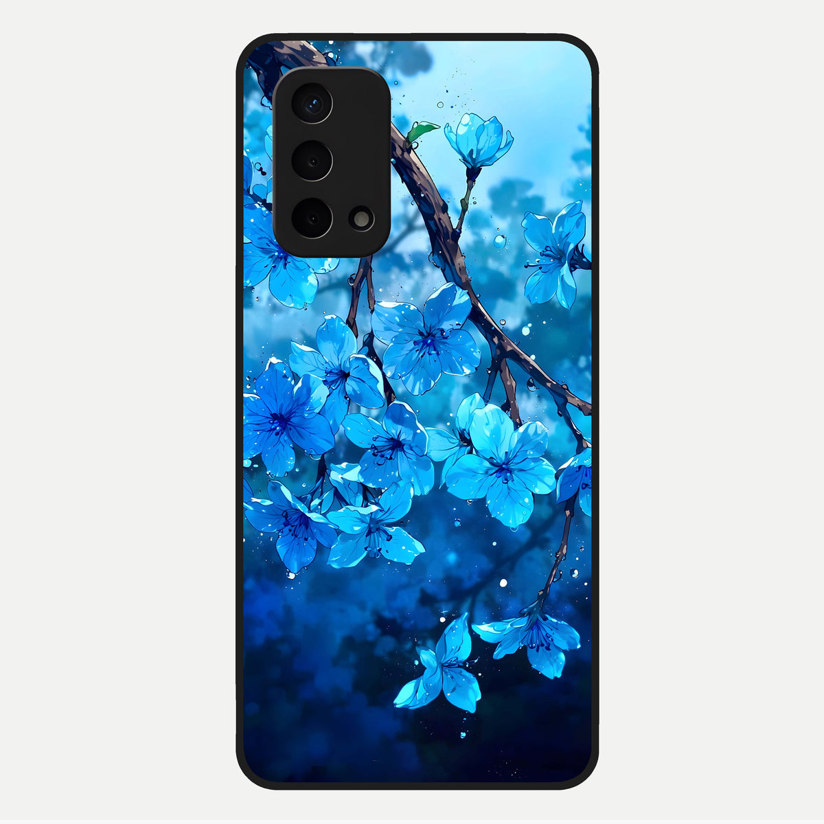  Blue Blossoms Branch Glass Case For Oppo A74 5G back cover – full design glossy printed glass finish