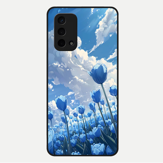  Blue Tulip Clouds Glass Case For Oppo A74 5G back cover – full design glossy printed glass finish