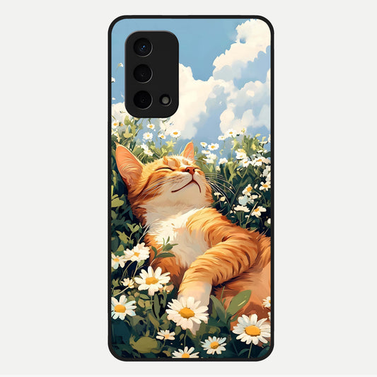  Cat And Flowers View Glass Case For Oppo A74 5G back cover – full design glossy printed glass finish