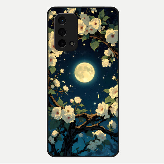  Celestial Moon And Flower Glass Case For Oppo A74 5G back cover – full design glossy printed glass finish