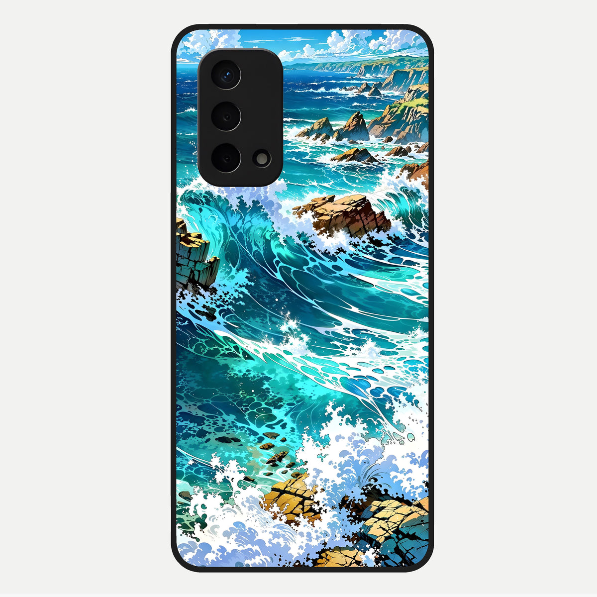  Coastal Blue Waves Glass Case For Oppo A74 5G back cover – full design glossy printed glass finish