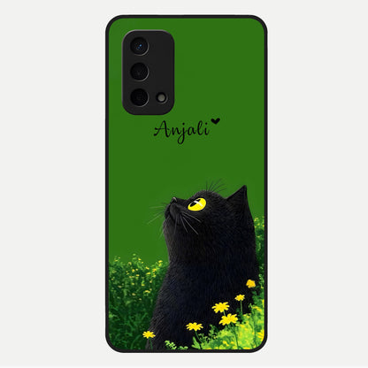  Emerald Cat Custom Name Glass Case For Oppo A74 5G back cover – full design glossy printed glass finish