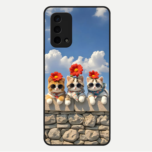 Floral Kitty Squad Glass Case For Oppo A74 5G back cover – full design glossy printed glass finish