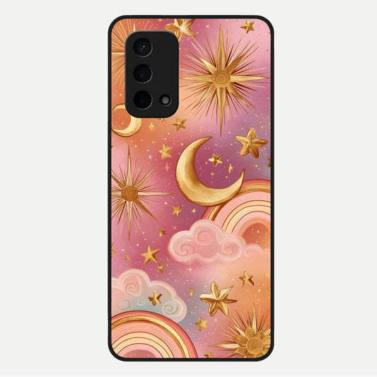  Golden Celestial Dreams Glass Case For Oppo A74 5G back cover – full design glossy printed glass finish