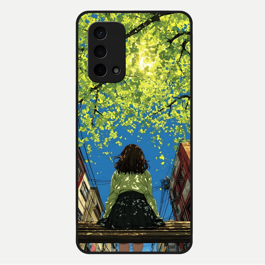  Golden Leaves Glow Glass Case For Oppo A74 5G back cover – full design glossy printed glass finish