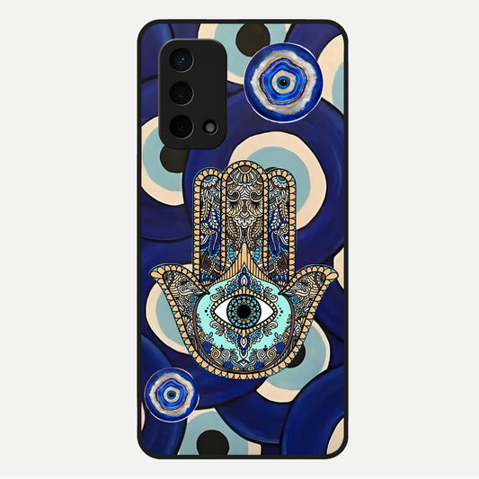  Hamsa Divine Guard Glass Case For Oppo A74 5G back cover – full design glossy printed glass finish