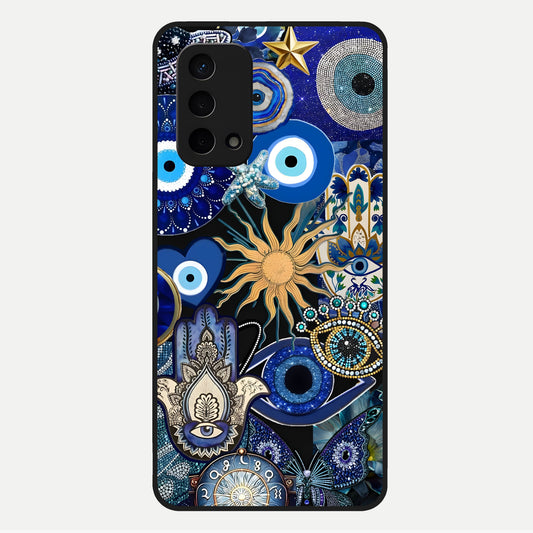  Mystic Blue Evil Eye Glass Case For Oppo A74 5G back cover – full design glossy printed glass finish