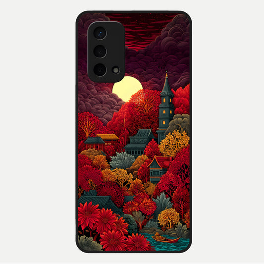  Scarlet Autumn Temple Glass Case For Oppo A74 5G back cover – full design glossy printed glass finish