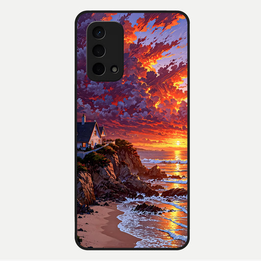  Sunset House By Sea Glass Case For Oppo A74 5G back cover – full design glossy printed glass finish