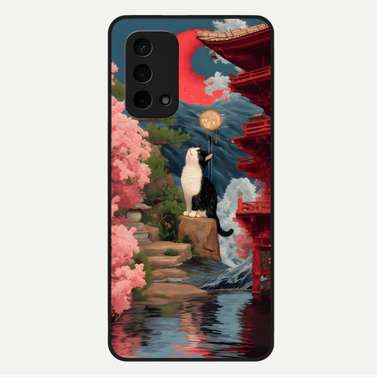  Temple Cat Scenery Glass Case For Oppo A74 5G back cover – full design glossy printed glass finish