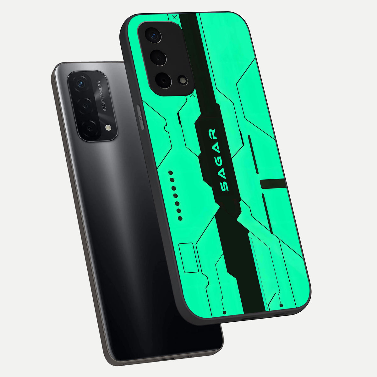  Aqua Tech CYBERPUNK Custom Name phone case For Oppo A74 5G showing premium glass back cover with detailed artwork