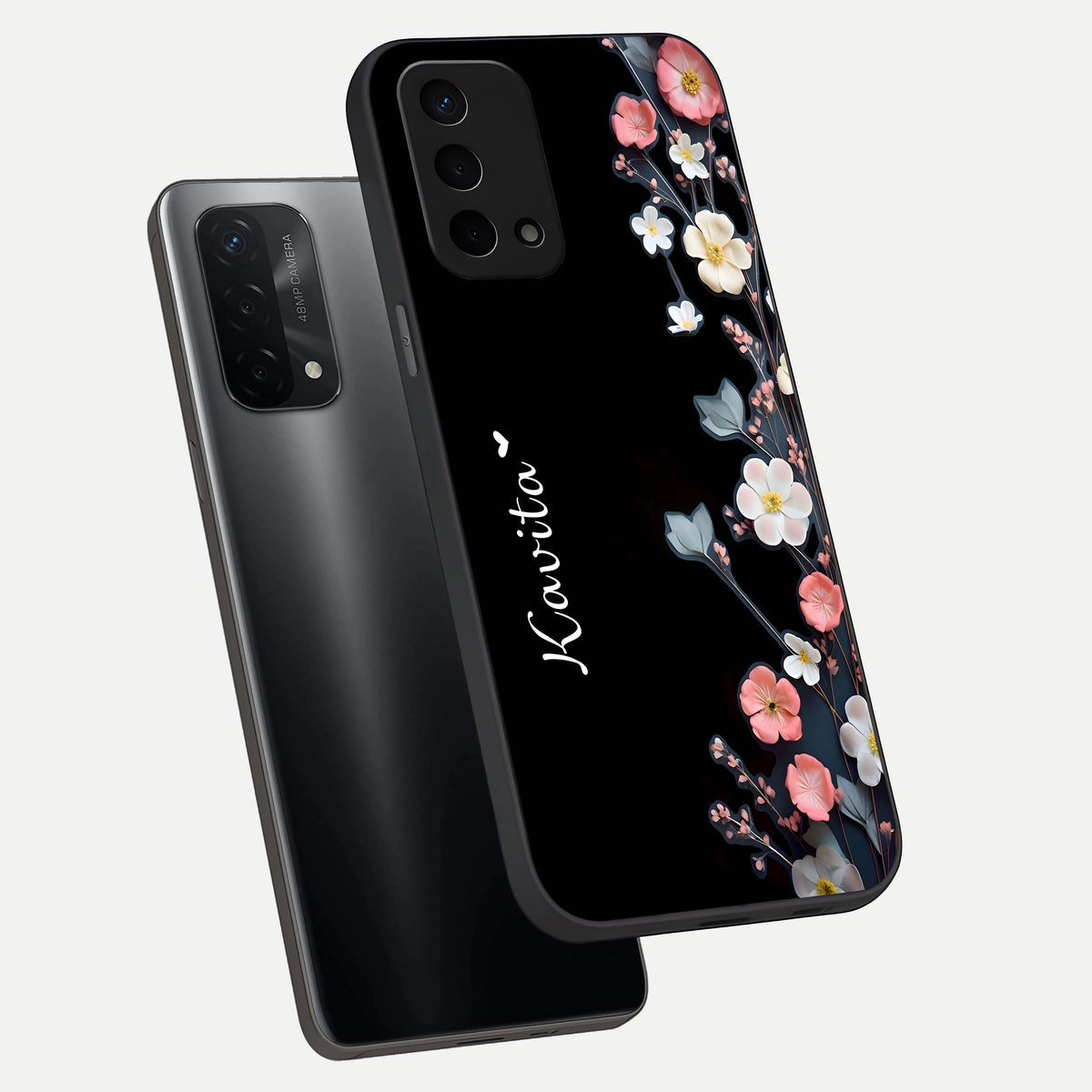  Black Elegance Floral Custom Name phone case For Oppo A74 5G showing premium glass back cover with detailed artwork