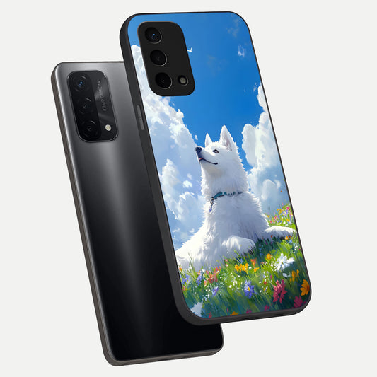  Blissful Cloud Pup phone case For Oppo A74 5G showing premium glass back cover with detailed artwork