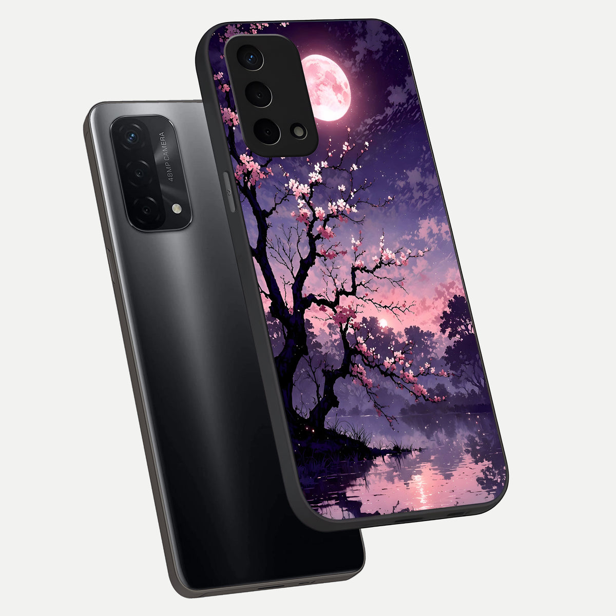 Blossom Pink Moon phone case For Oppo A74 5G showing premium glass back cover with detailed artwork