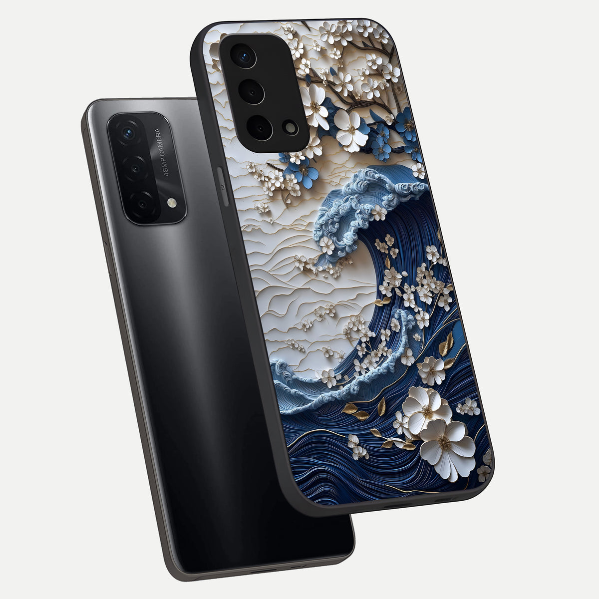  Blossom Wave Art phone case For Oppo A74 5G showing premium glass back cover with detailed artwork