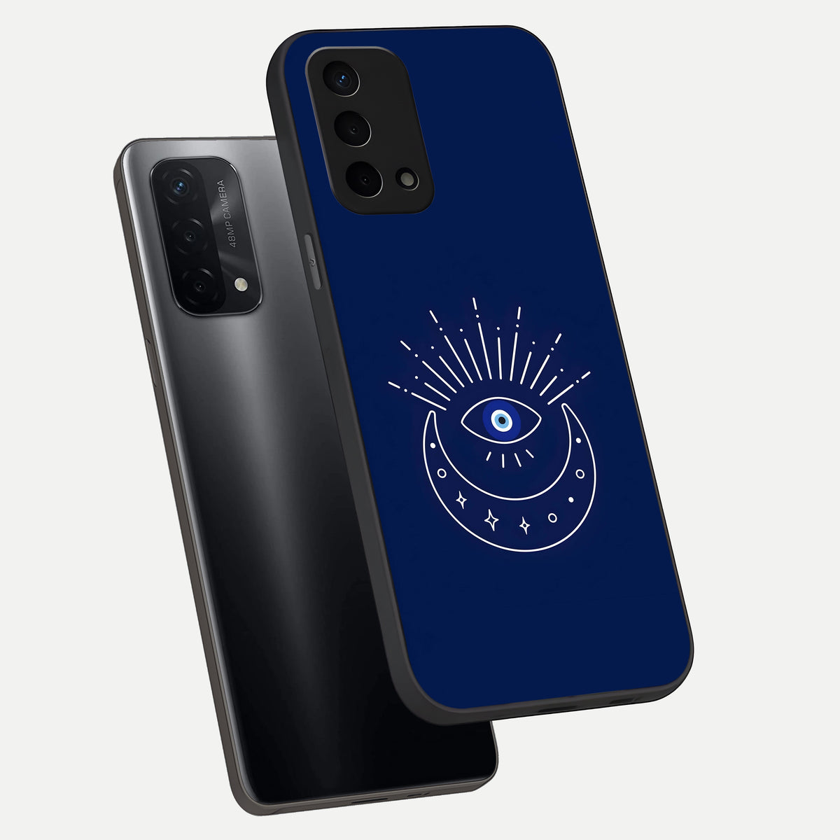  Blue Evil Eye phone case For Oppo A74 5G showing premium glass back cover with detailed artwork