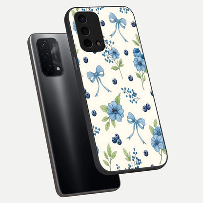  Blue Flower And Bow phone case For Oppo A74 5G showing premium glass back cover with detailed artwork