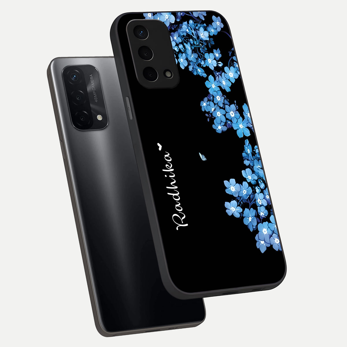  Blue Petal Dream Custom Name phone case For Oppo A74 5G showing premium glass back cover with detailed artwork