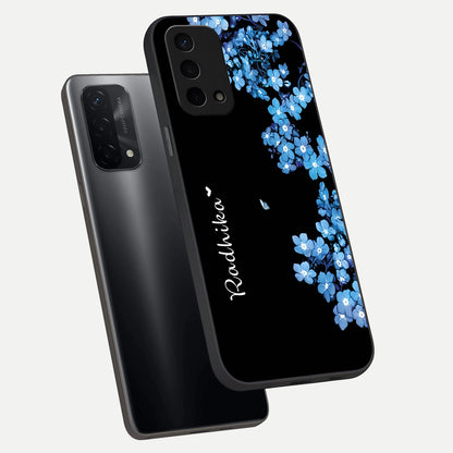  Blue Petal Dream Custom Name phone case For Oppo A74 5G showing premium glass back cover with detailed artwork
