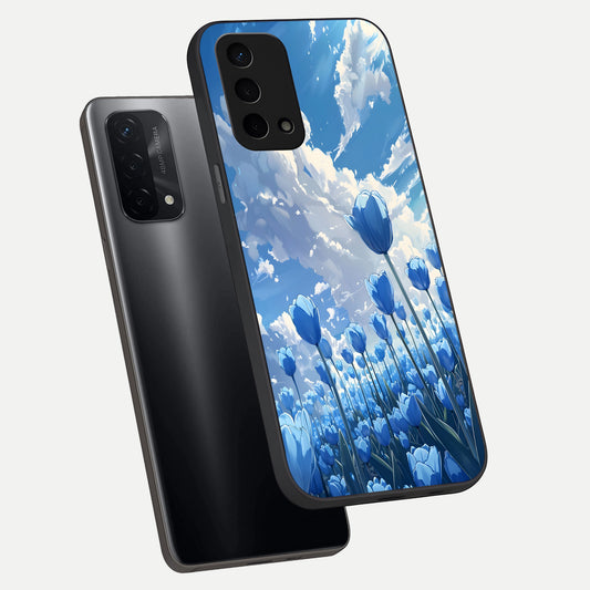  Blue Tulip Clouds phone case For Oppo A74 5G showing premium glass back cover with detailed artwork